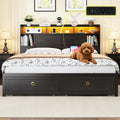 King Bed Frame with Storage Headboard, Farmhouse Platform Bed Frame with Bookshelf, Drawers, LED Lights and Charging Station, Metal Slats Support, Noise Free, No Box Spring Needed, Black