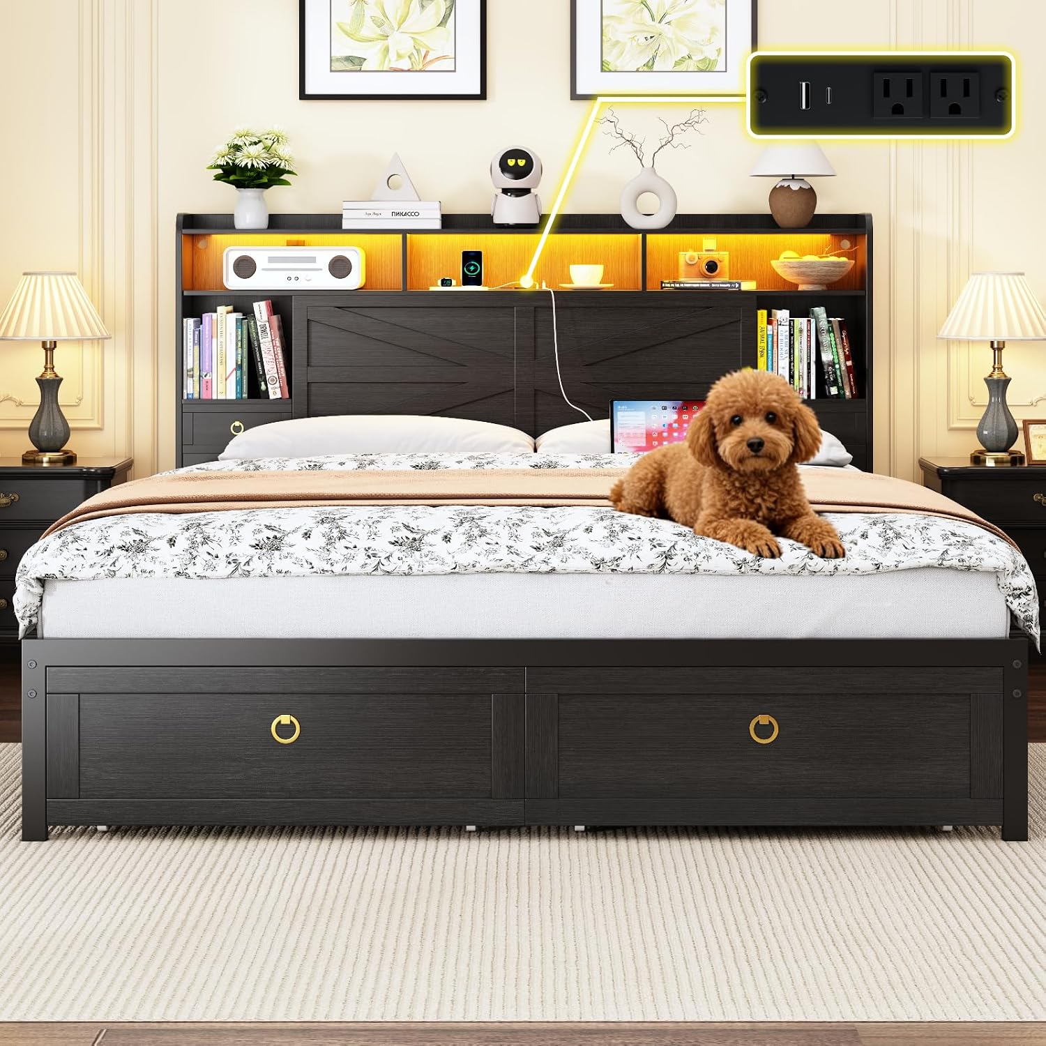 King Bed Frame with Storage Headboard, Farmhouse Platform Bed Frame with Bookshelf, Drawers, LED Lights and Charging Station, Metal Slats Support, Noise Free, No Box Spring Needed, Black