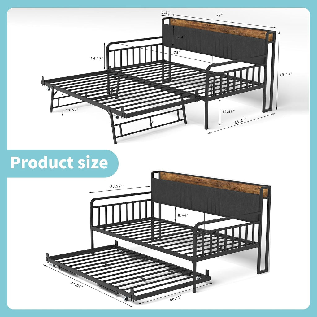 Daybed with Trundle, Sturdy Metal Twin Size Bed Frame with Upholstered Headboard & Charging Station and LED Light for Living Room, Bedroom and Guest Room (Black Brown, Twin)