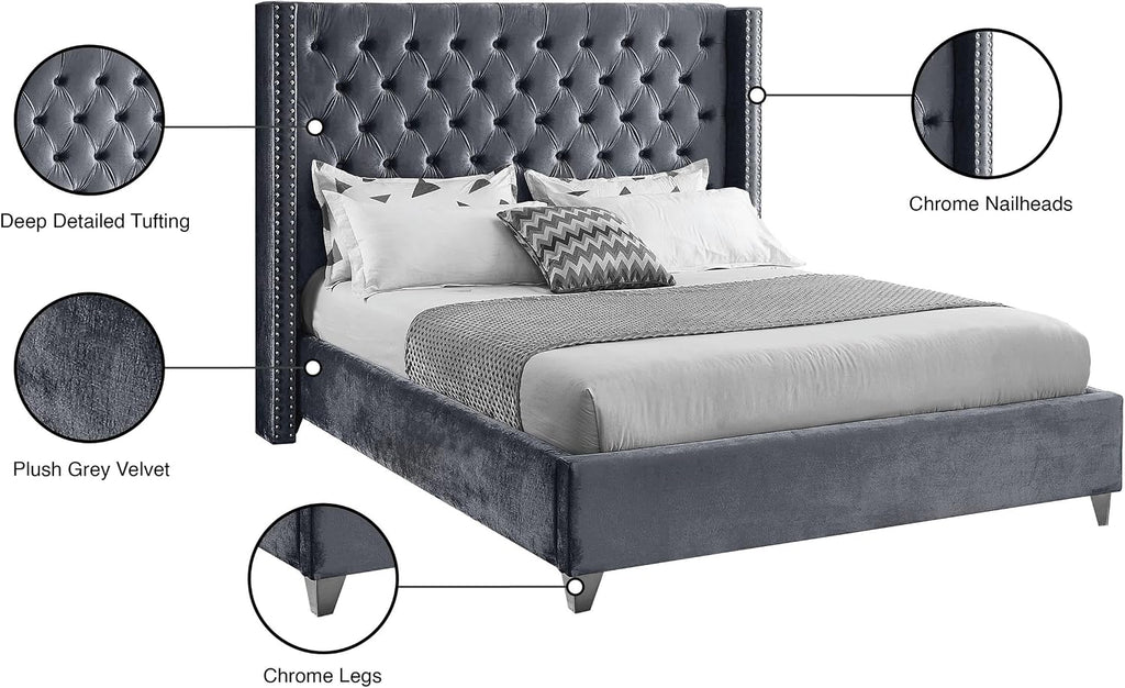 Meridian Furniture Aiden Collection Modern | Contemporary Velvet Upholstered Bed with Deep Button Tufting, Solid Wood Frame, and Custom Chrome Legs, Full, Grey