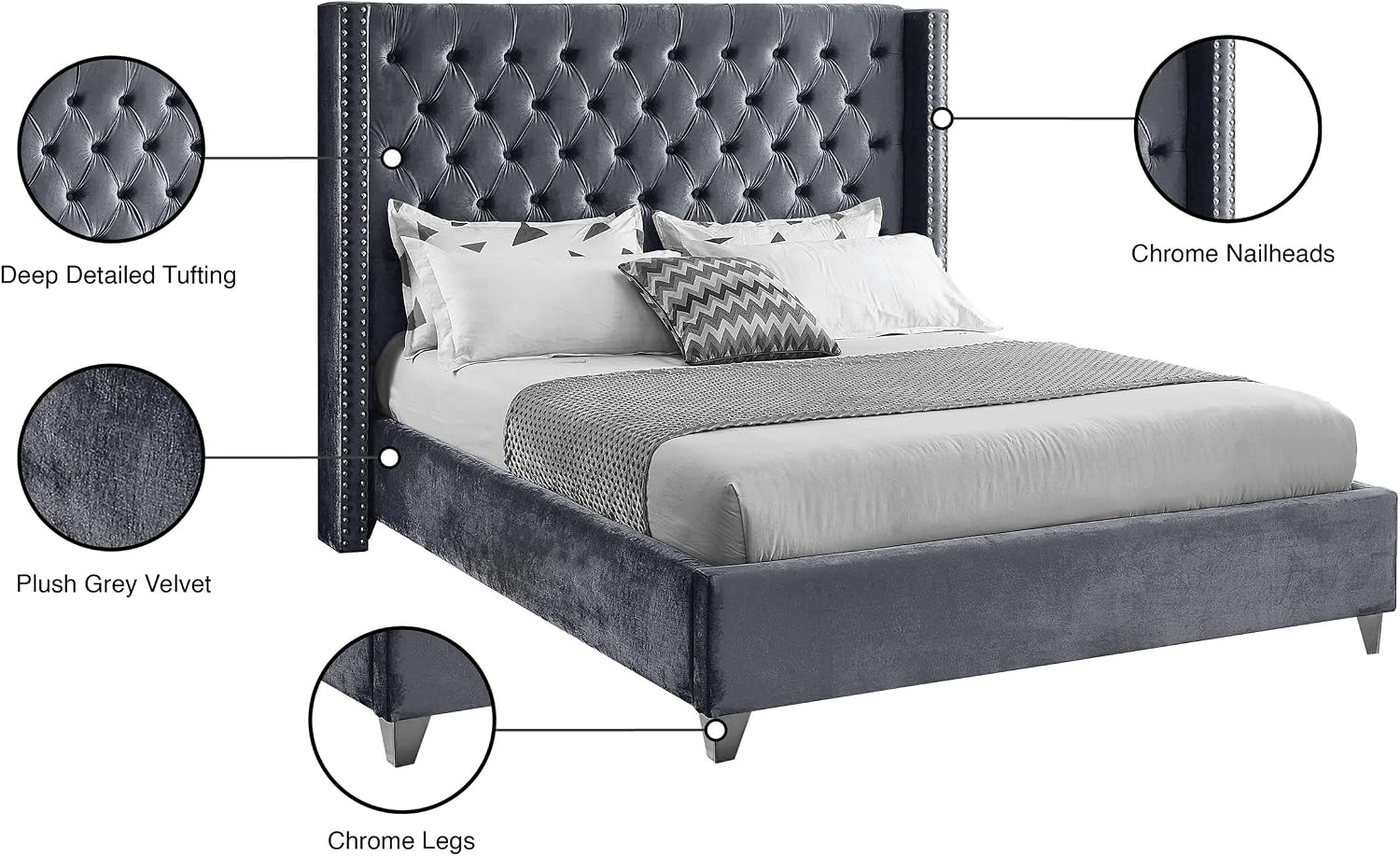 Meridian Furniture Aiden Collection Modern | Contemporary Velvet Upholstered Bed with Deep Button Tufting, Solid Wood Frame, and Custom Chrome Legs, Full, Grey