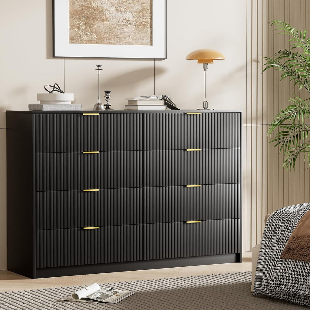 Furniway Black Dresser for Bedroom, 8 Drawer Wide Dresser with Smooth Slides, Modern Chest of Drawers with Gold Handles, Wood Storage Organizer for Closet