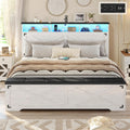 Hasuit Queen Size Bed Frame with Storage Ottoman, Farmhouse Bed Frame with Charging Station and Led Light, Headboard with Storage Rack, Metal Slats, No Noise Design, No Box Spring Needed,Walnut White