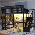 Full Size Metal Loft Bed with RGB Lights and Charging Station,High Loft Beds with 4 Shelf Bookcase and Storage Stairs,Heavy Duty Bed Frame with High Guardrail for Kids Teens,Black