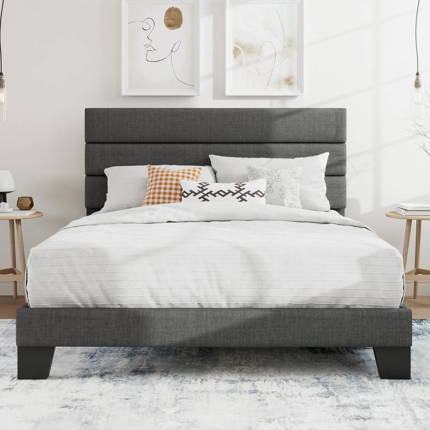 SHA CERLIN Queen Platform Bed Frame with Upholstered Fabric Headboard, Mattress Foundation with Strong Wooden Slats Support, No Box Spring Needed, Grey