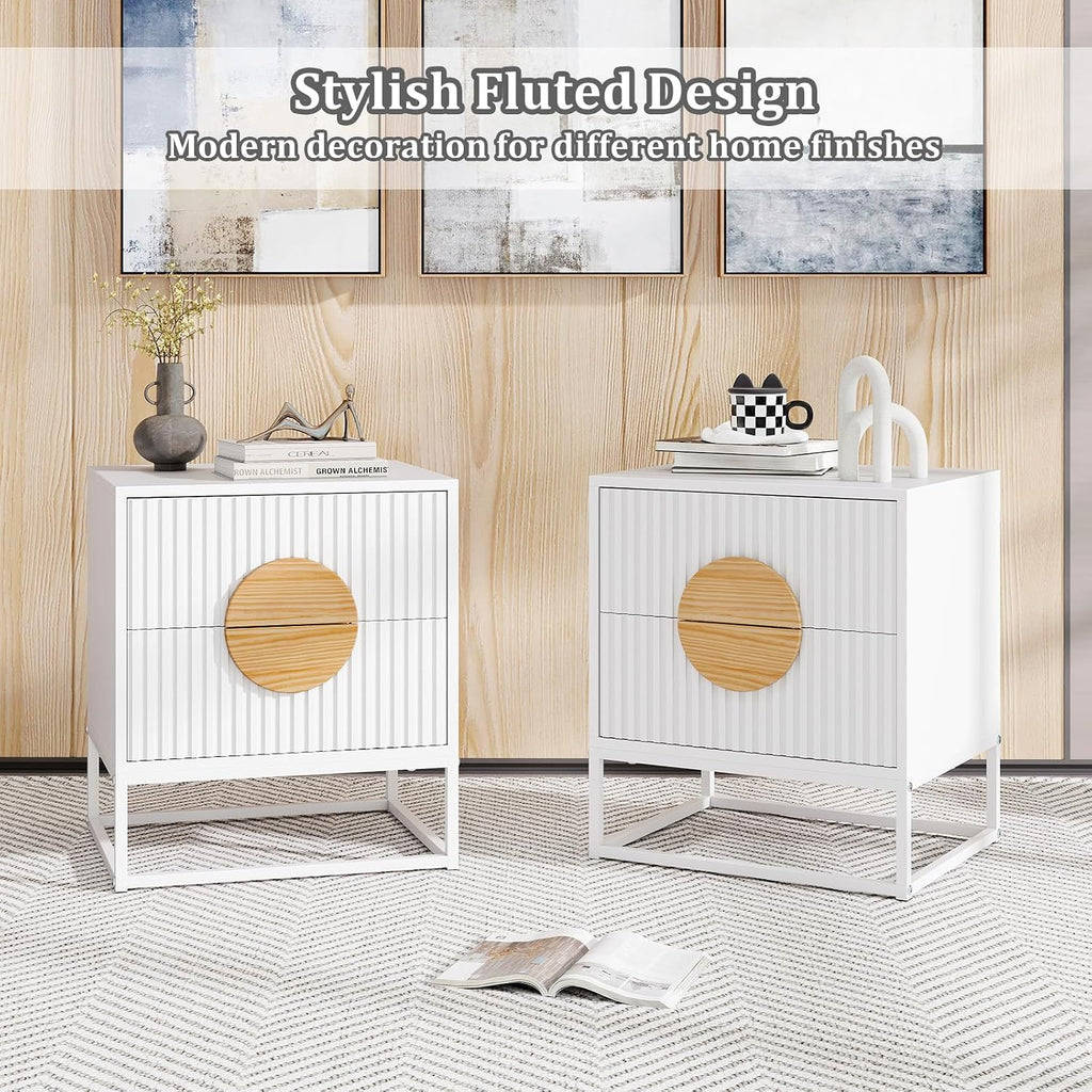Giantex Fluted Nightstand with 2 Drawers Set of 2, White Wood Bedside Table with Natural Circle Handle & Metal Frame, Minimalist Accent End Table, Modern Mid Century Night Stand for Bedroom
