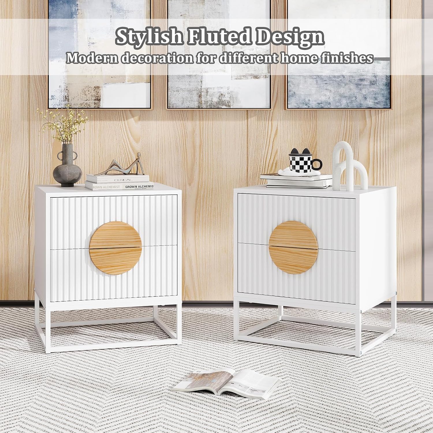 Giantex Fluted Nightstand with 2 Drawers Set of 2, White Wood Bedside Table with Natural Circle Handle & Metal Frame, Minimalist Accent End Table, Modern Mid Century Night Stand for Bedroom