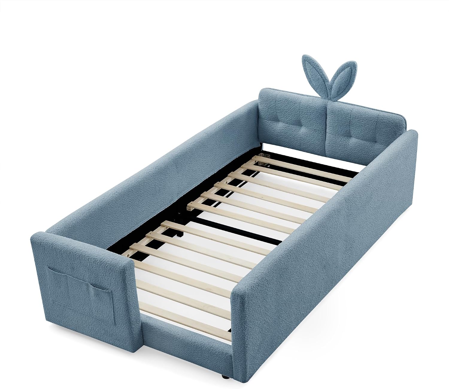 VilroCaz Twin Size Upholstered Platform Bed with Safety Guardrail and Cute Rabbit Ear Shaped Headboard, Boucle Fabric Montessori Kids Bed with Pocket and Sturdy Slats Support (Baby Blue-7.24)