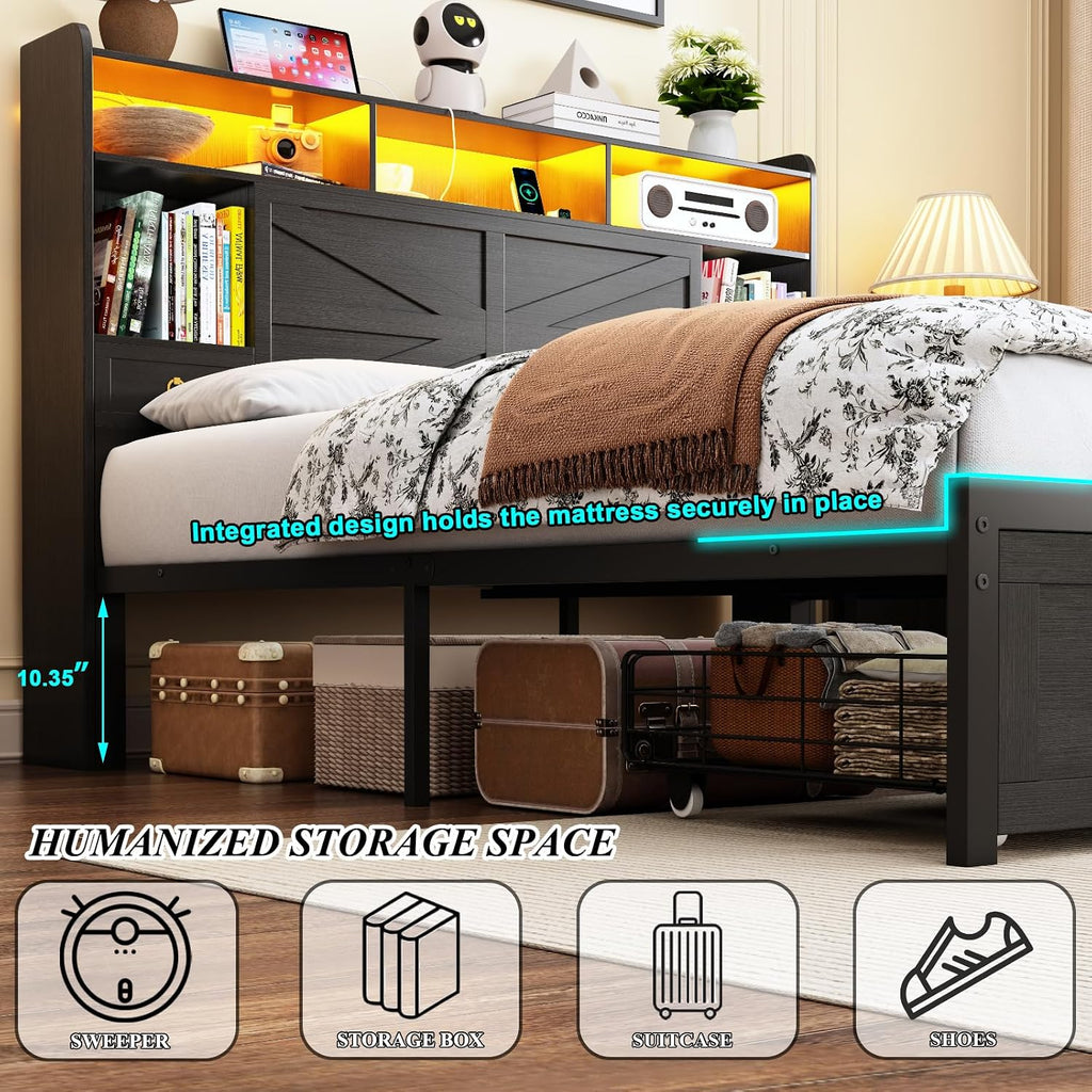 Full Bed Frame with Storage Headboard, Farmhouse Platform Bed Frame with Bookshelf, Drawers, LED Lights and Charging Station, Metal Slats Support, Noise Free, No Box Spring Needed, Black