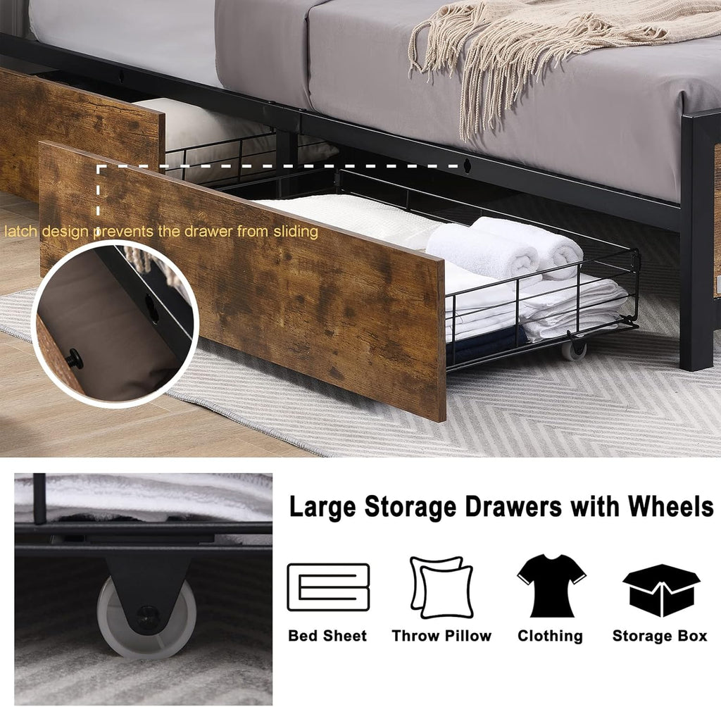 Ailisite Rustic Wood Queen Size Bed Frame with 4 Storage Drawers, Platform Storage Bed Queen with Headboard and Charging, LED Queen Bed Frame, Heavy Duty Metal Slats,No Noise,No Box Spring Needed