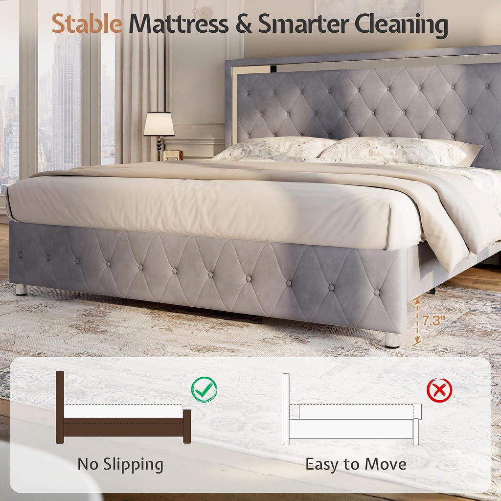 Jocisland Queen Bed Frame with LED Lights Headboard&Footboard, Velvet Upholstered Queen Size Platform Bed Frame No Box Spring Needed/Light Grey