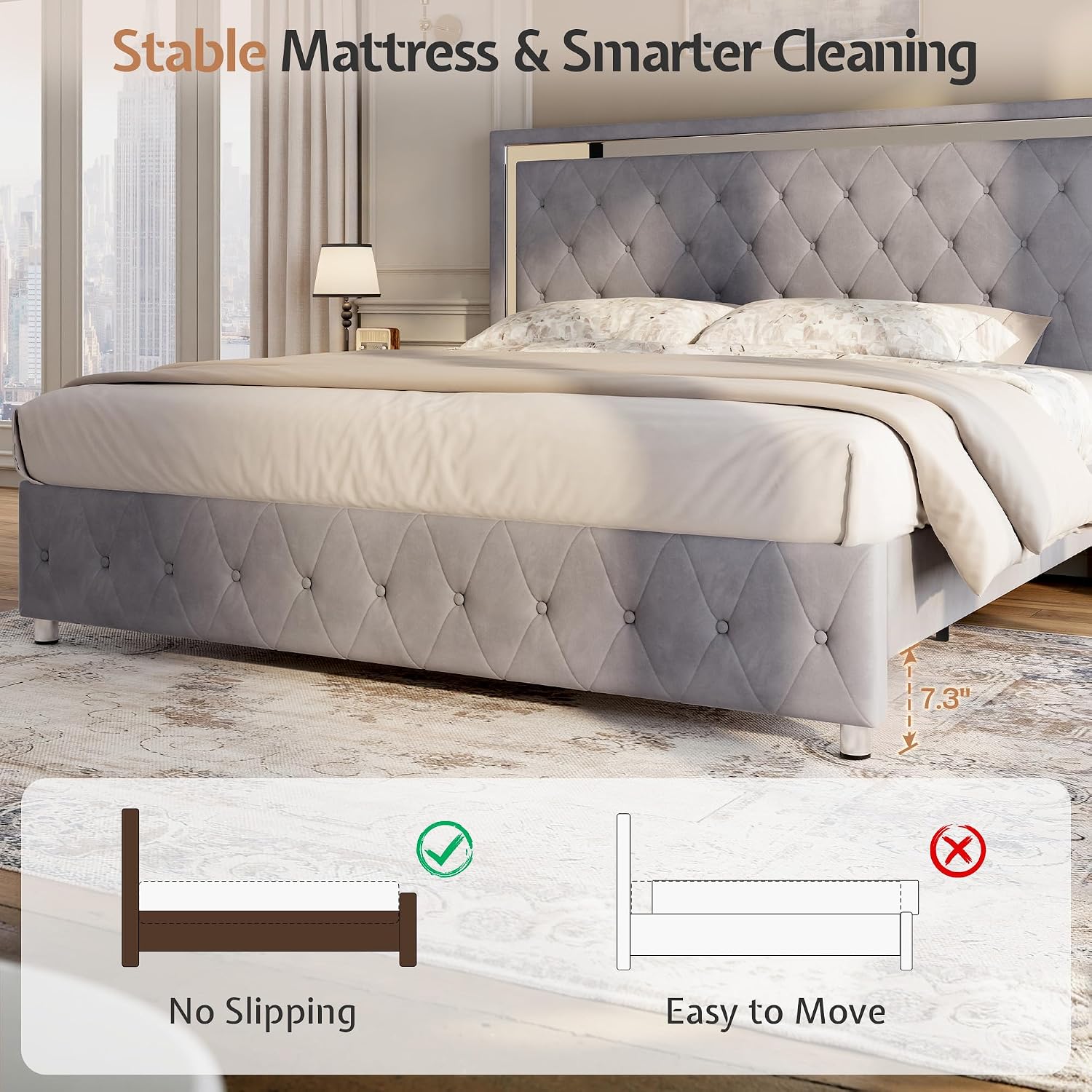Jocisland Queen Bed Frame with LED Lights Headboard&Footboard, Velvet Upholstered Queen Size Platform Bed Frame No Box Spring Needed/Light Grey