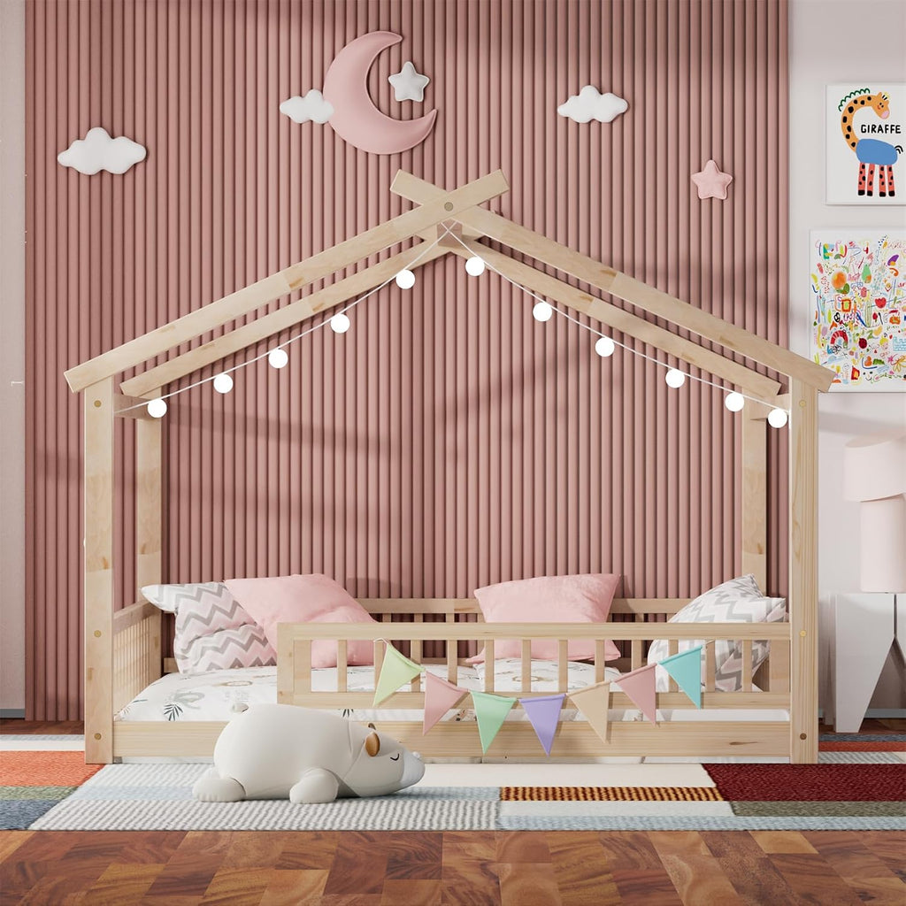 LLS Full Size House Bed with Fence, Wooden Montessori Bed with Slats Support, Floor Bed Frame for Boys Girls Bedroom, Natural