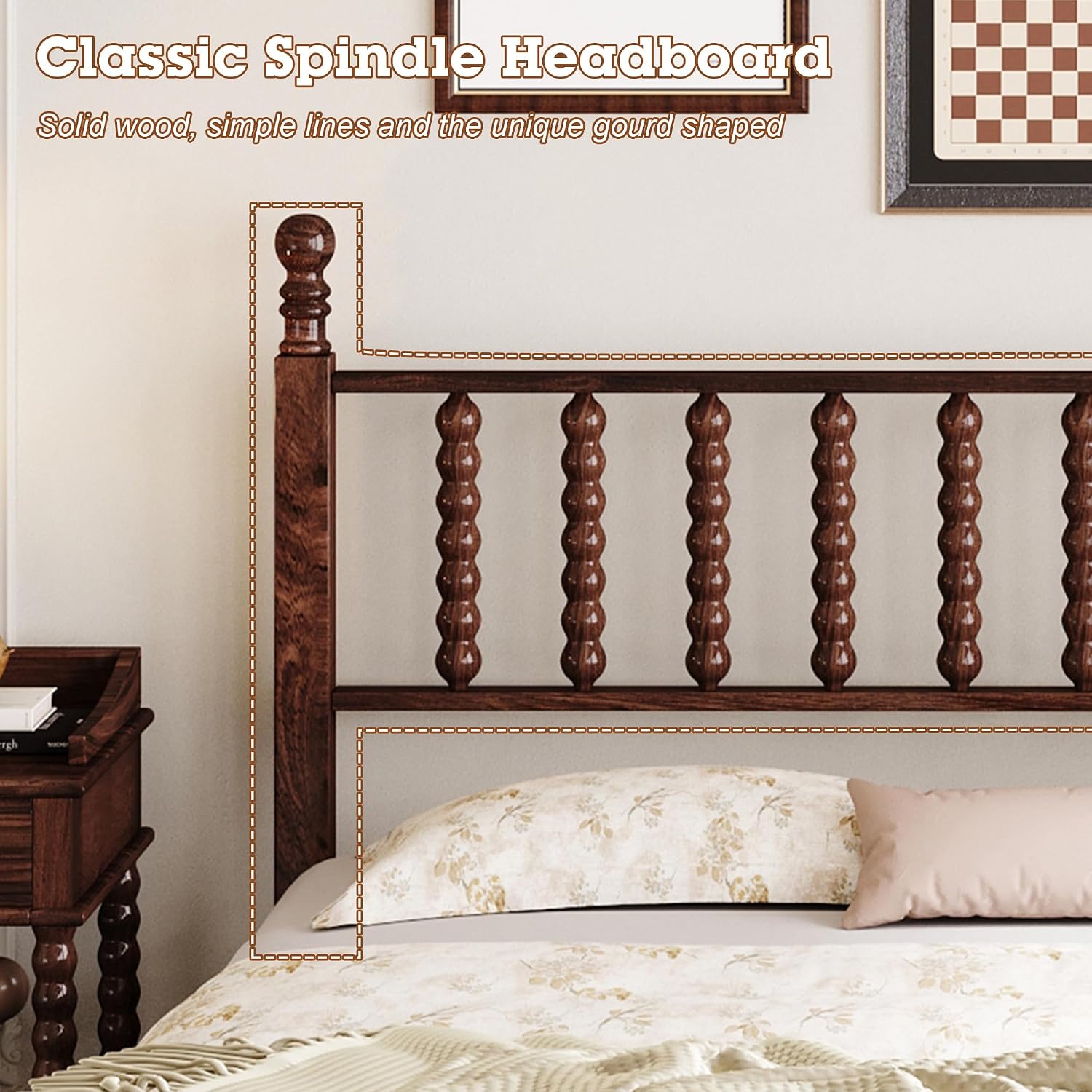 Walnut Wood Bed Frame Full Size with Spindle Headboard, Full Platform Bed with Wooden Slat Support, Retro Style Spindle Beds for Boys Girls Kids Adults Toddler, Easy Assembly