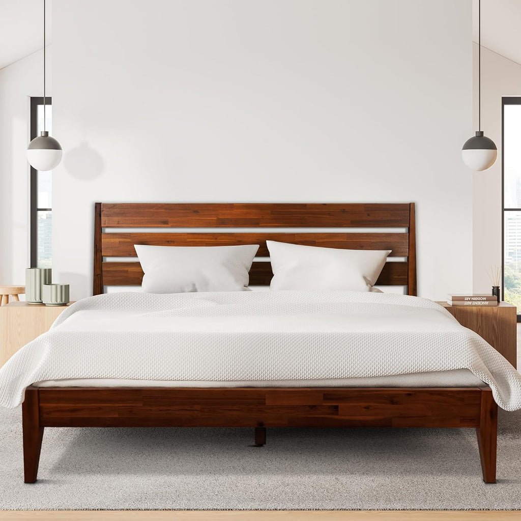 Acacia Emery Bed Frame with Headboard Solid Wood Platform Bed, Queen Size Bed Frame, Mid - Century Modern Wood Bed Compatible with All Mattresses, Easy Assembly, Non-Slip, Chocolate.