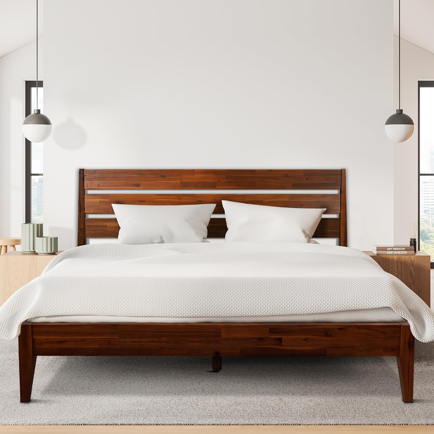Acacia Emery Bed Frame with Headboard Solid Wood Platform Bed, Queen Size Bed Frame, Mid - Century Modern Wood Bed Compatible with All Mattresses, Easy Assembly, Non-Slip, Chocolate.