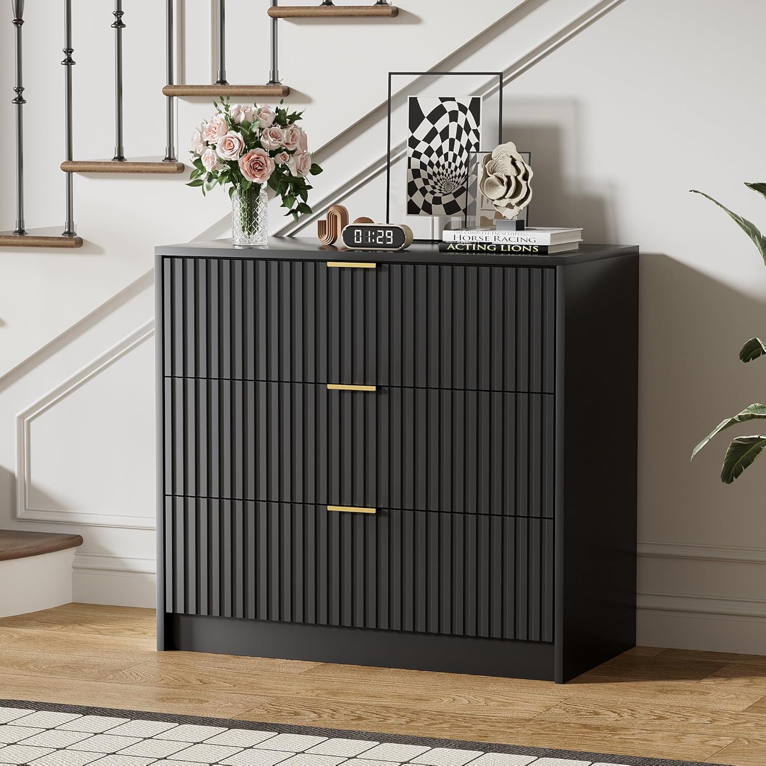 Furniway Black Dresser for Bedroom, Modern Dresser with 3 Drawers and Smooth Slides, Wide Chest of Drawers with Golden Handles for Bedroom, Living Room, Closet, 15.7' D x 31.5' W x 29.6' H