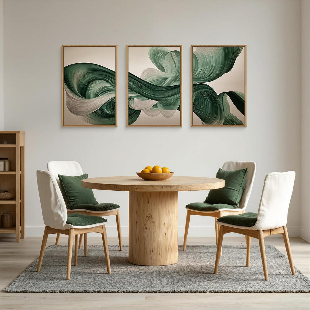 KAIRNE Green Abstract Framed Canvas Wall Art Set,Minimalist Green Lines Wall Decor,Modern Flowing Texture Art Prints,Neutral Smokes Waves Artwork for Living Room,Bedroom,Farmhouse,Office-24 x36 x3