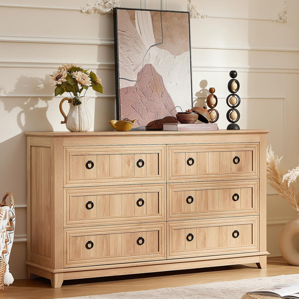 Joaxswe 6 Drawers Dresser for Bedroom, Farmhouse 54 Inch Wide Wood Dresser Chest of Drawers, Vintage Design TV Stand, Rustic Storage Dressers Organizer for Bedroom, Living Room, Hallway - Natural Wood
