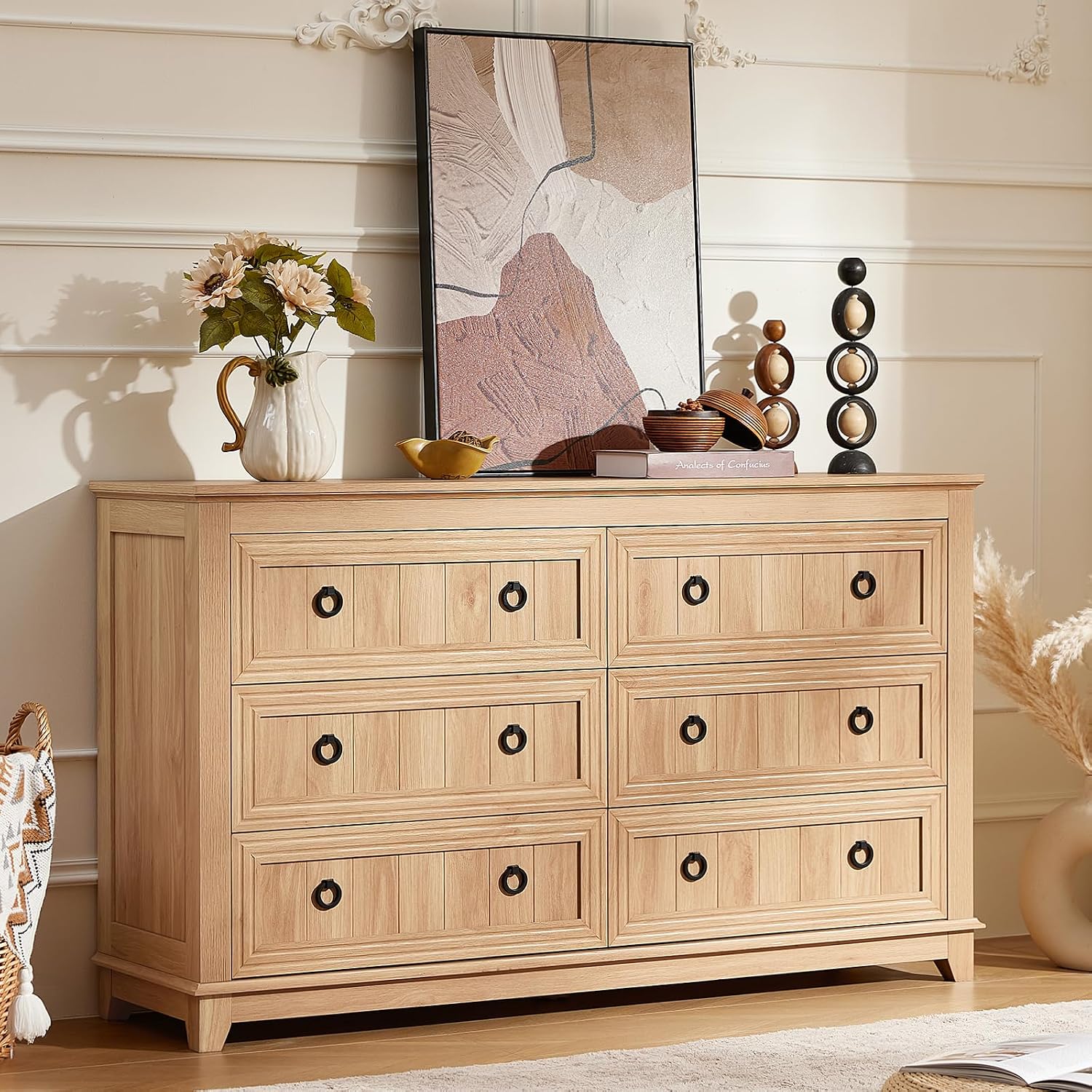 Joaxswe 6 Drawers Dresser for Bedroom, Farmhouse 54 Inch Wide Wood Dresser Chest of Drawers, Vintage Design TV Stand, Rustic Storage Dressers Organizer for Bedroom, Living Room, Hallway - Natural Wood