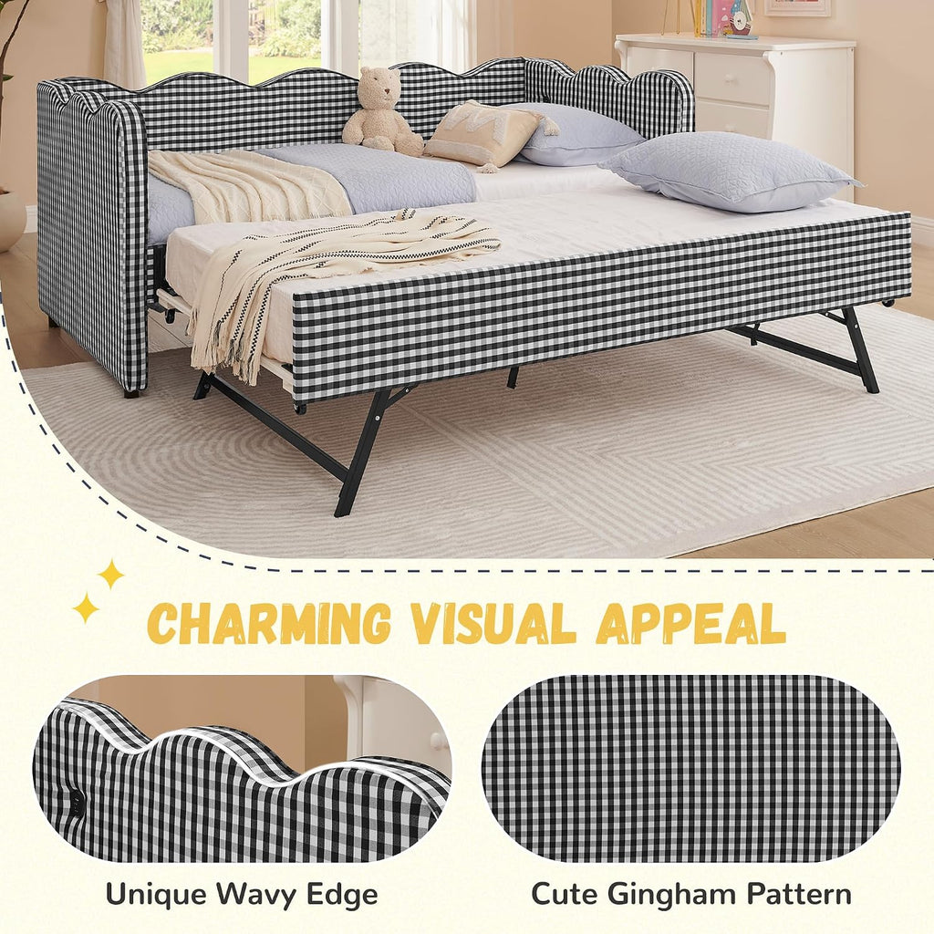 DEINPPA Twin Size Upholstered Daybed with Trundle, Gingham Daybed with USB Ports for Bedroom Living Room Guest Room-Black
