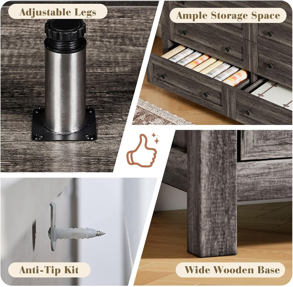 LUXOAK Bedroom Dresser and Nightstand 3 Piece Set, 1 X Wood Rustic 6 Drawer Storage Dresser, Nightstand Set of 2 with Charging Station, Farmhouse Bedroom Furniture Set, Rustic Grey