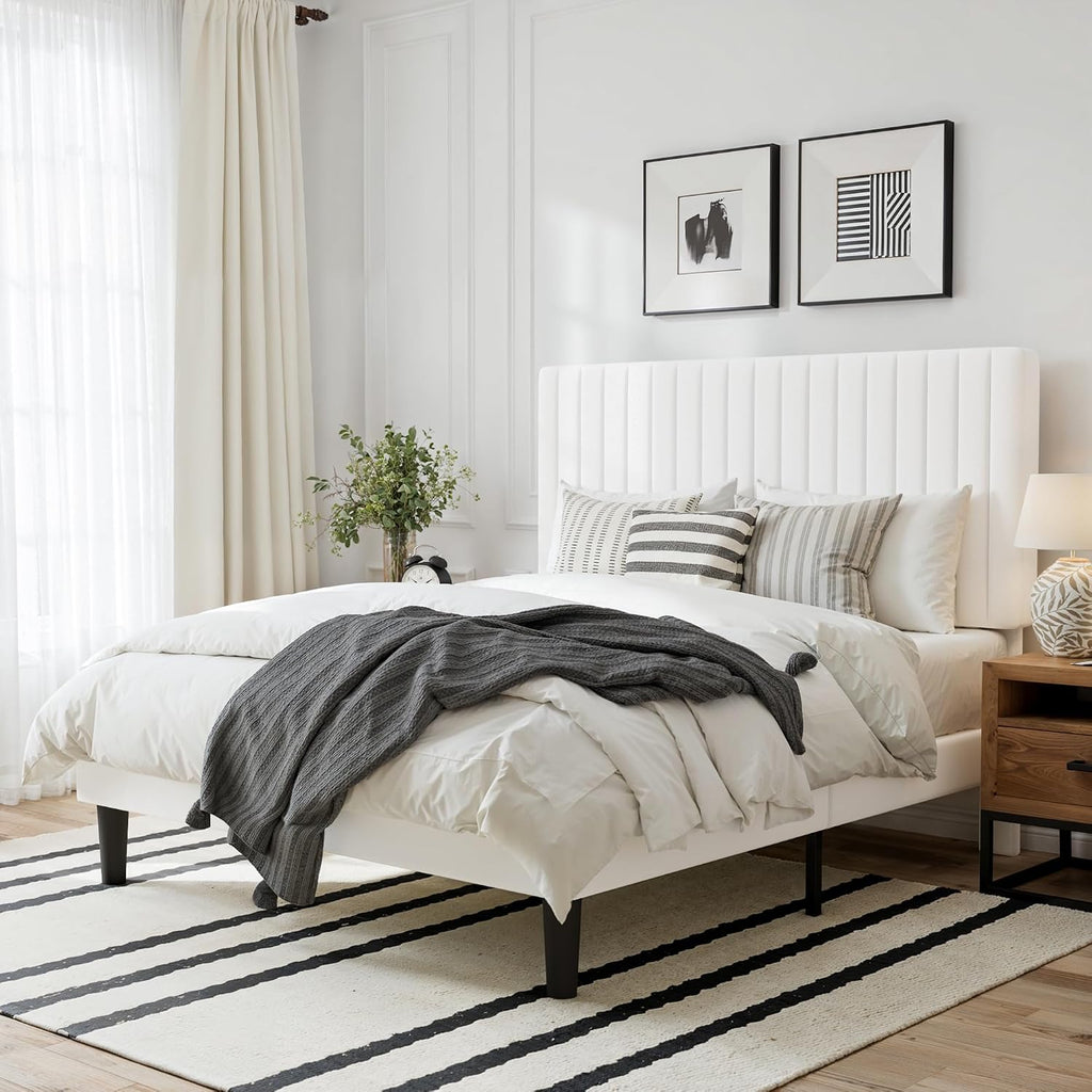 GOLDORO Full Size Bed Frame with Adjustable Headboard, Velvet Upholstered Platform Bed, Vertical Channel Tufted Design, Wooden Slat Support, No Box Spring Needed, Easy Assembly, White