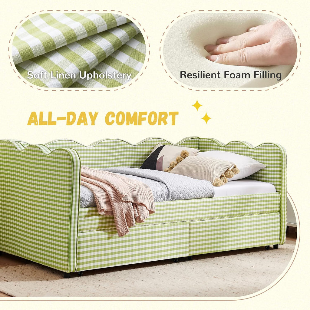 DEINPPA Twin Size Upholstered Daybed with 2 Storage Drawers, Gingham Daybed with USB Ports for Bedroom Living Room Guest Room-Green