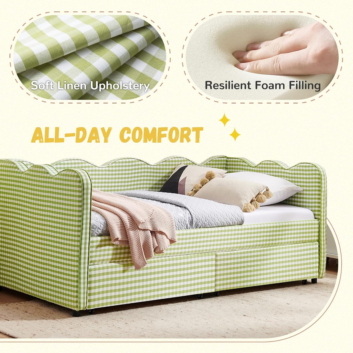 DEINPPA Twin Size Upholstered Daybed with 2 Storage Drawers, Gingham Daybed with USB Ports for Bedroom Living Room Guest Room-Green