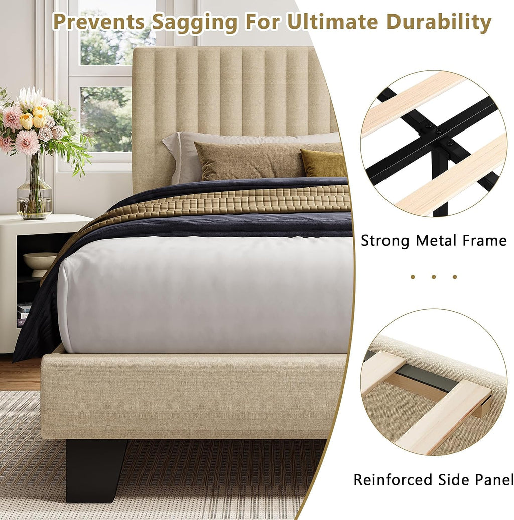 iPormis Full Size Bed Frame, Upholstered Platform Bed with Vertical Linen Headboard, Wide Bed Legs and Strong Wood Slats Support, No Box Spring Needed, Easy Assembly, Noise Free, Beige