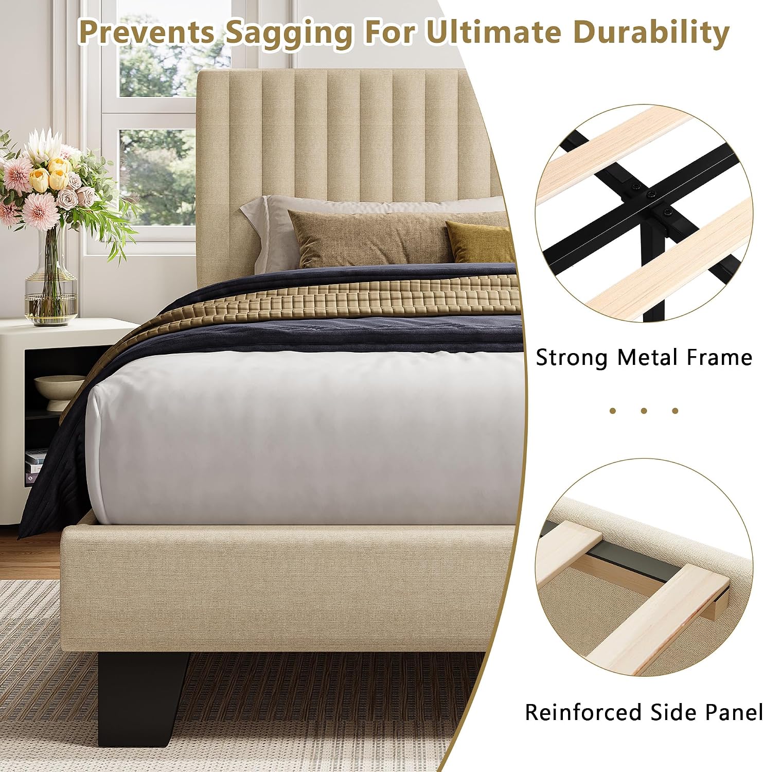 iPormis Full Size Bed Frame, Upholstered Platform Bed with Vertical Linen Headboard, Wide Bed Legs and Strong Wood Slats Support, No Box Spring Needed, Easy Assembly, Noise Free, Beige