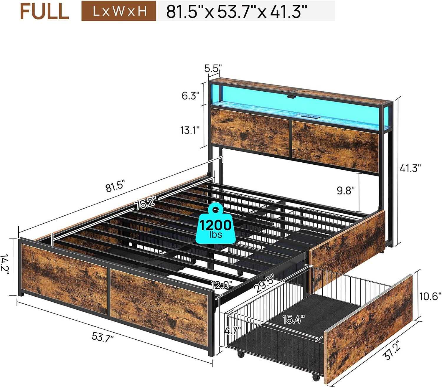 Rolanstar Full Size Bed Frame with 4 Storage Drawers, Charging Station and LED Lights, Metal Platform Bed with 2-Tier Storage Headboard, No Box Spring Needed, Easy Assembly, Noise-Free, Rustic Brown