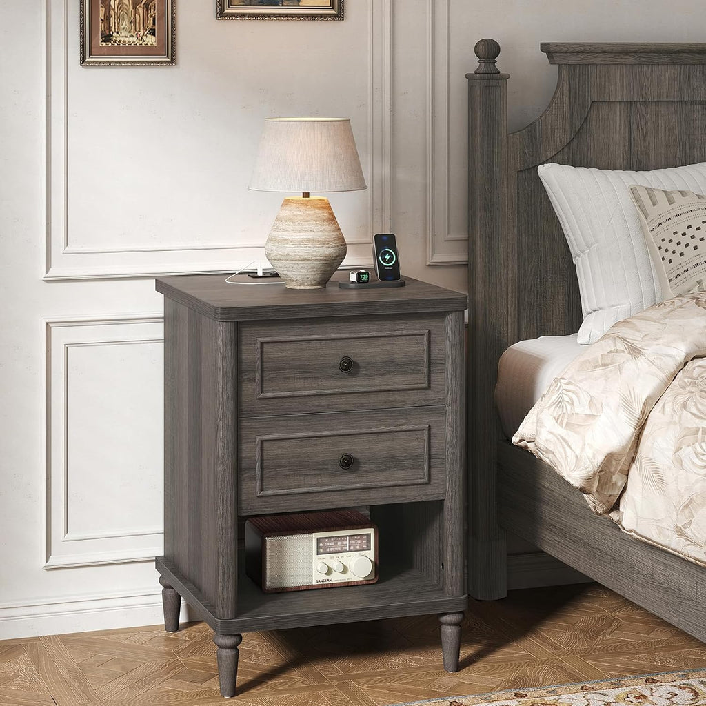 Bestier Nightstand Set of 2, 26.7' Farmhouse Night Stand with Chargeing Station, Wood Modern Nightstand with 2 Drawers & Shelf, Bed Side Table with Outlets & Ports, End Table for Bedroom, Black