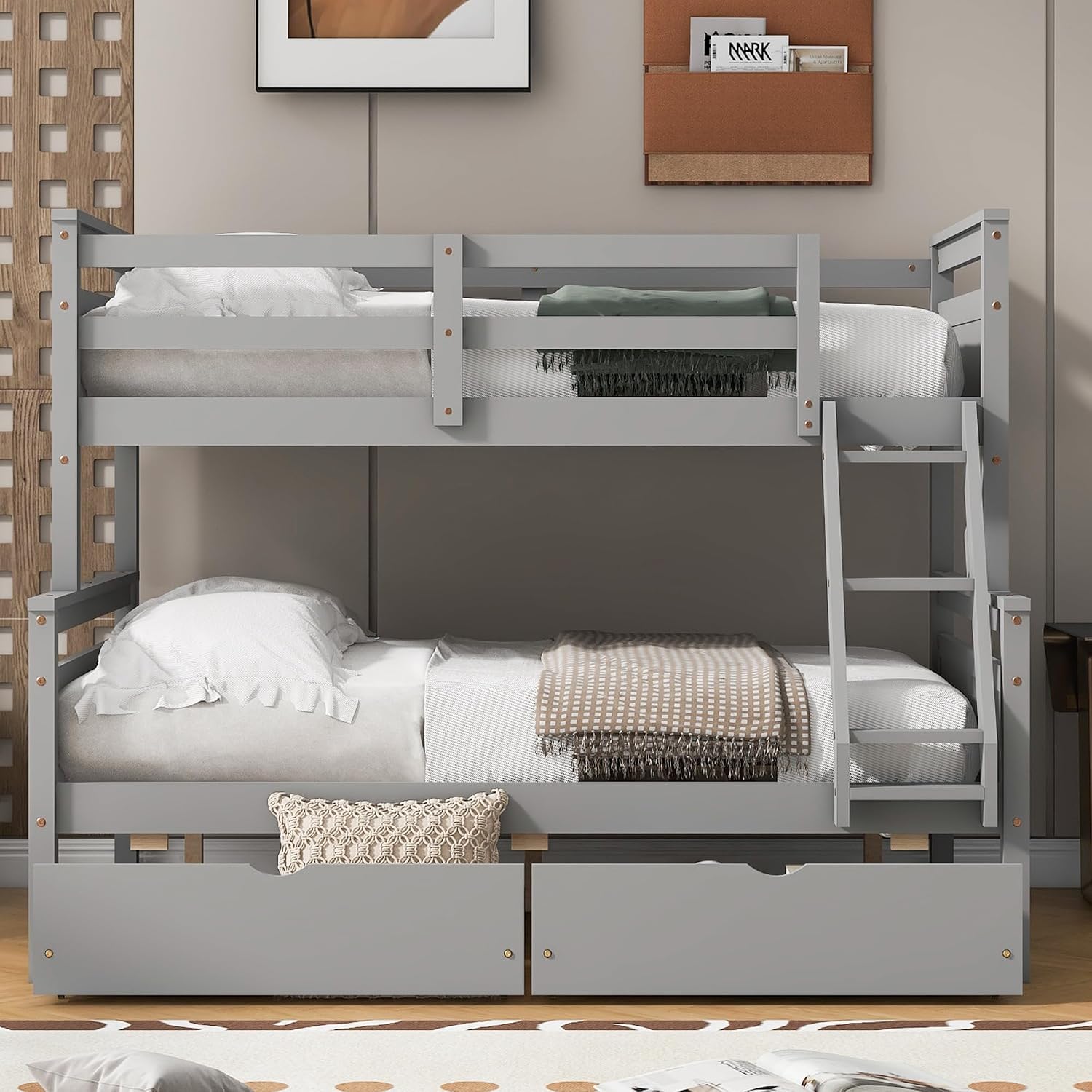 Merax Twin Over Full Bunk Bed with 2 Storage Drawers,Solid Wood Bunk Bed with Ladder and Safety Guardrail for Bedroom Kids Adults,Can be Separated into 2 Platform Beds,Gray