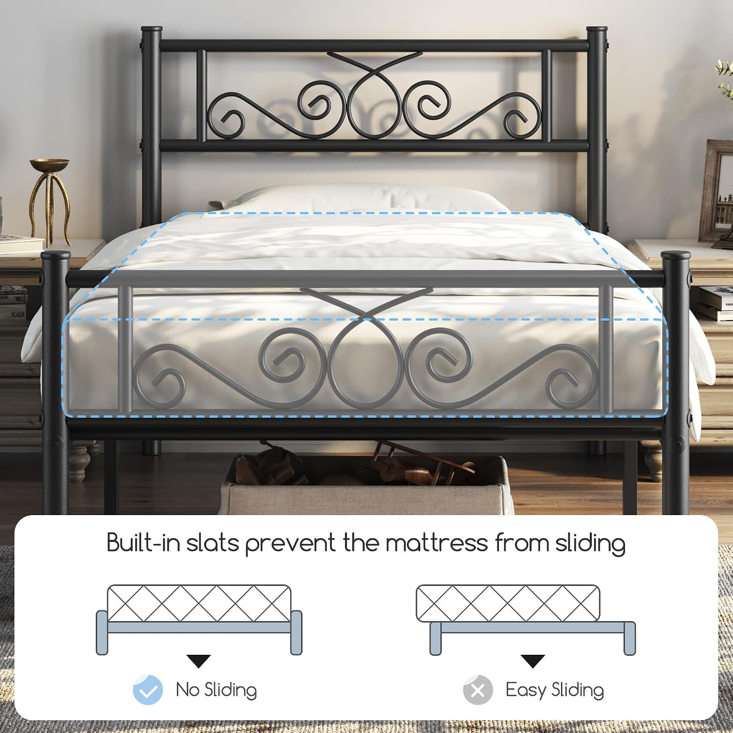 Yaheetech 2 Pcs Classic Metal Platform Bed Frame with Headboard and Footboard Flower Design Mattress Foundation Easy Set Up Structure Twin XL Size Black
