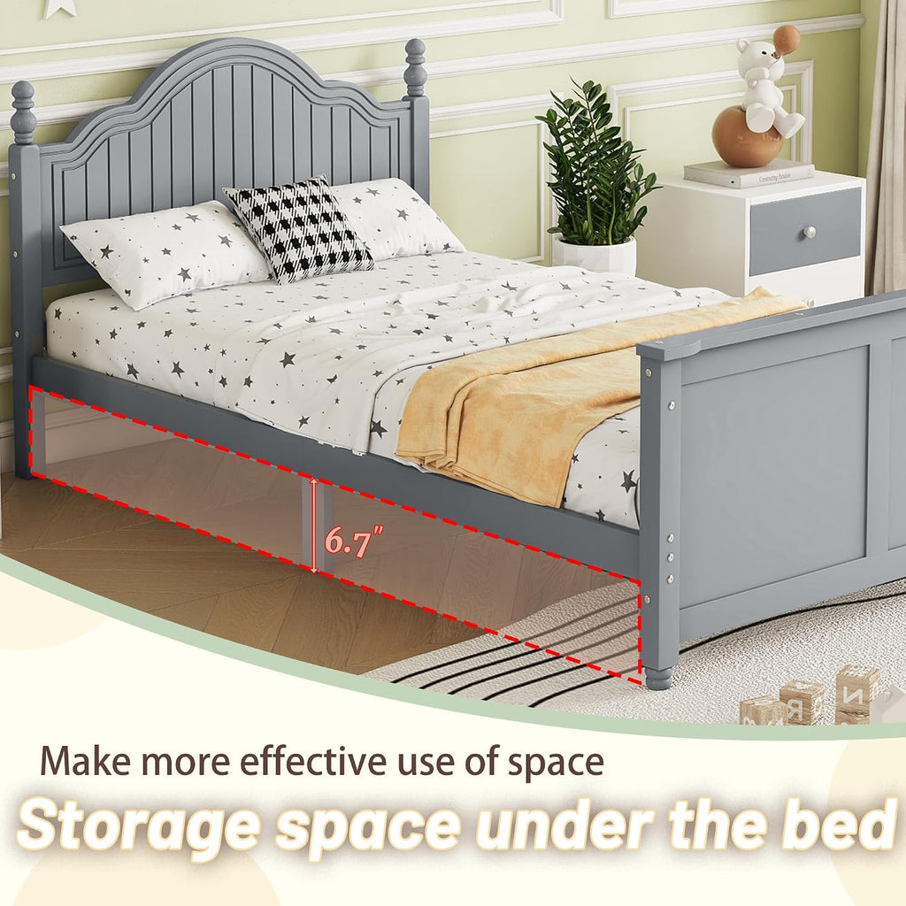 Twin Kids Bed Frame with Full-Length Guardrails, Low Profile Wood Platform Bed with Headboard & Footboard, Removable Safety Rails, 6.7' Under-Bed Storage, Roman Column Design, Twin Size, Gray