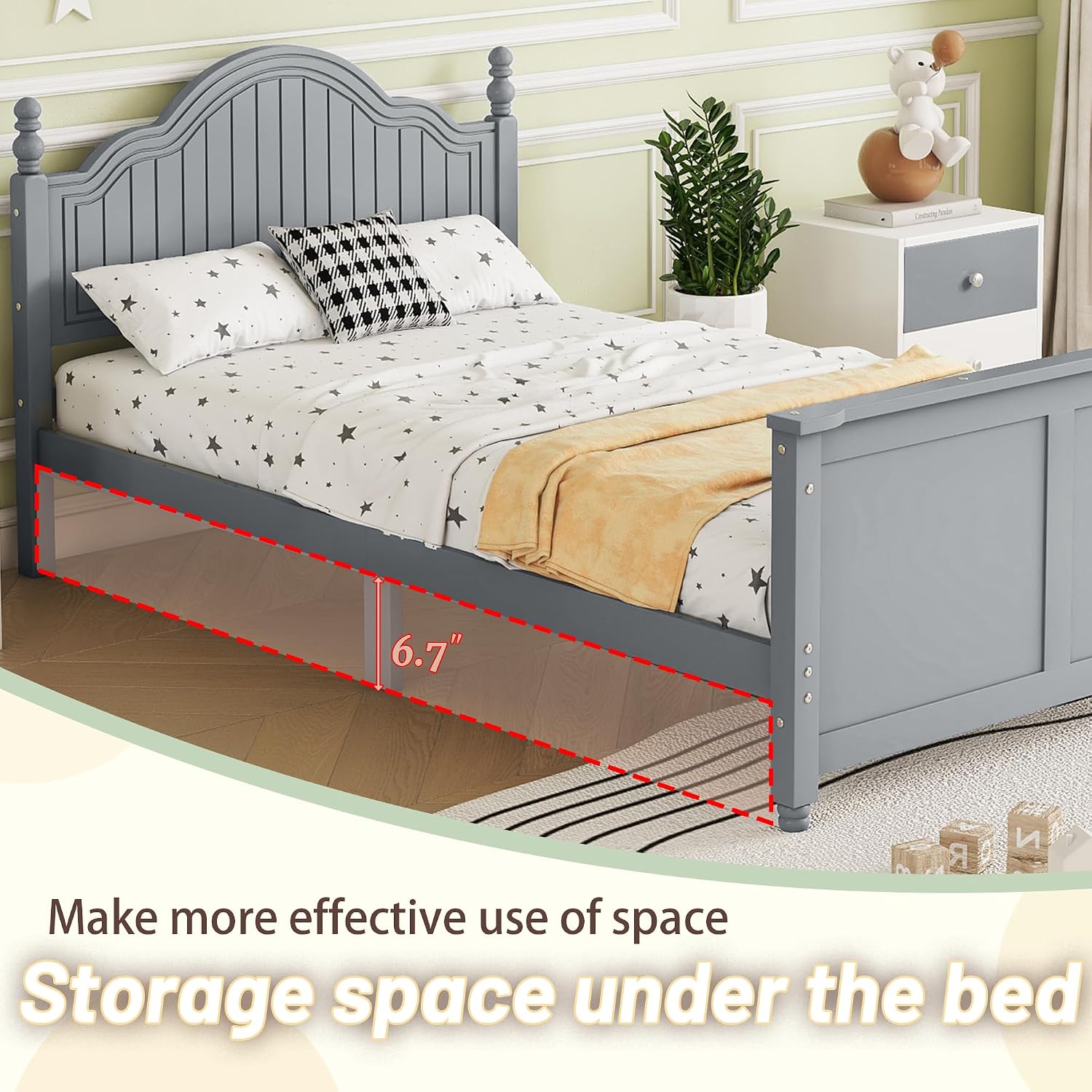 Twin Kids Bed Frame with Full-Length Guardrails, Low Profile Wood Platform Bed with Headboard & Footboard, Removable Safety Rails, 6.7' Under-Bed Storage, Roman Column Design, Twin Size, Gray