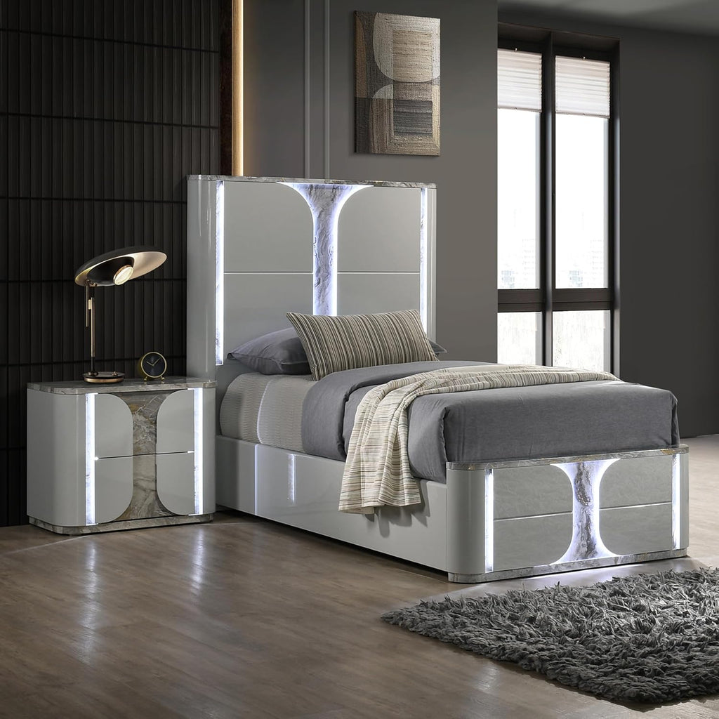 Furniture of America Bruna Modern Wood 2-Piece Bedroom Set with Touch-Control LED Bed, Felt-Lined Top Drawer and LED on Nightstand, No Box Spring Needed for Bedroom, Guest Room, Twin, Light Gray