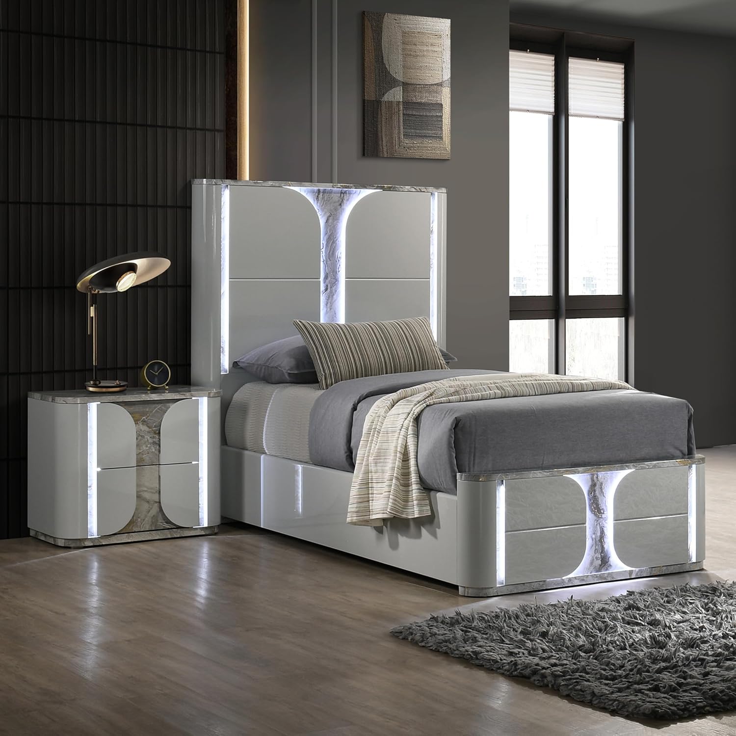 Furniture of America Bruna Modern Wood 2-Piece Bedroom Set with Touch-Control LED Bed, Felt-Lined Top Drawer and LED on Nightstand, No Box Spring Needed for Bedroom, Guest Room, Twin, Light Gray