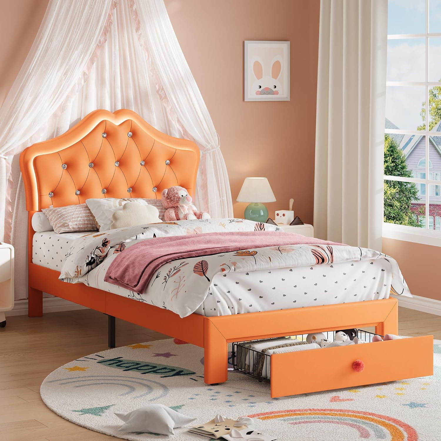 Garvee Twin Size Bed Frame with LED Lights & Velvet Crystal Button Headboard, Upholstered Boy/Girl Platform Bed with Storage Drawer, Noise Free, No Box Spring Needed for Kids, Teens, Orange