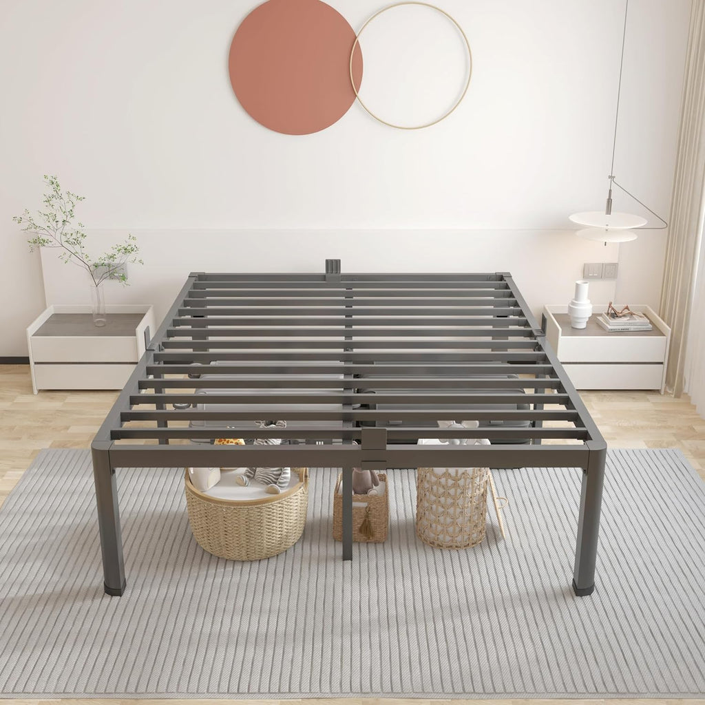 ROIL 14 inch Metal Queen Bed Frame with Rounded Corner and Headboard Hole Mattress Retainers 3500LBS Heavy Duty Steel Slats No Box Spring Needed Platform Noise-Free Easy Assembly
