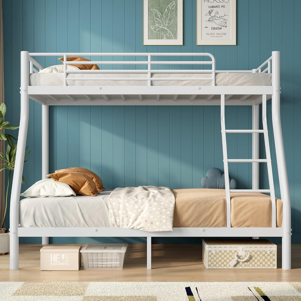 Bunk Beds Twin Over Full Size, Heavy Duty Bunk Beds with Bottom Space & Guardrail Metal Bunk Bed Frame for Adults - Dorm Bedroom Guest Room, No Box Spring Needed（Upgrate White）