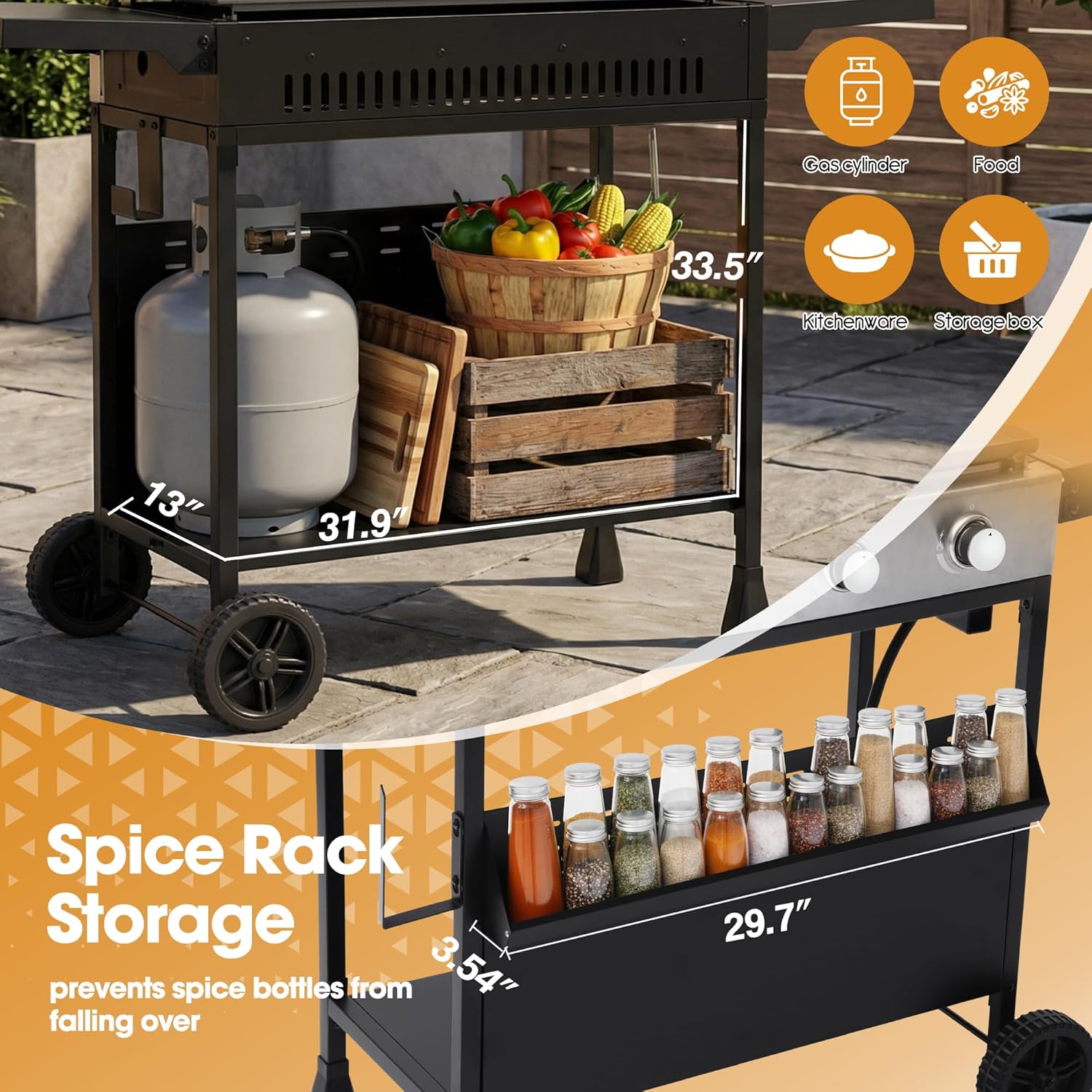 4-Burner Propane Gas Griddle with Removable Cart, 40,000 BTU Output Portable Outdoor BBQ Grill with Wheels, Cast Iron Griddle, Foldable Side Tables and Spice Rack for Backyard, Patio, Camping