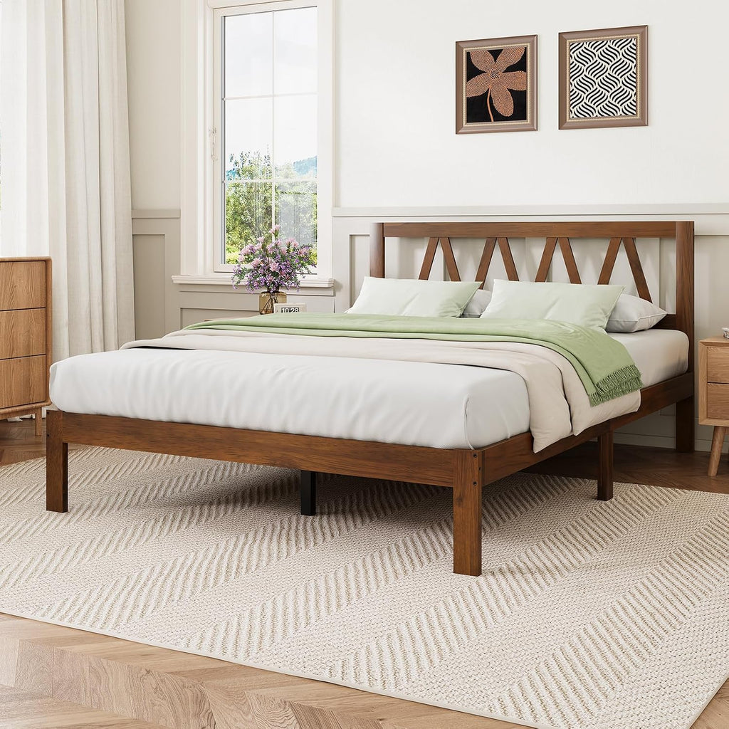 Novilla 12 Inch Queen Bed Frame with Headboard Bed Frame Queen Size Solid Wooden Bed Frame Foundation with Wood Slat Support, No Box Spring Needed, Easy Assembly, Walnut