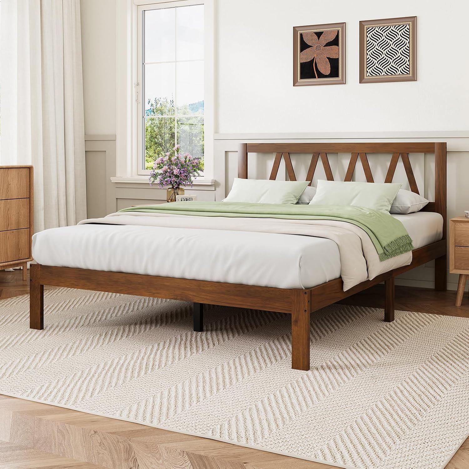 Novilla 12 Inch Queen Bed Frame with Headboard Bed Frame Queen Size Solid Wooden Bed Frame Foundation with Wood Slat Support, No Box Spring Needed, Easy Assembly, Walnut
