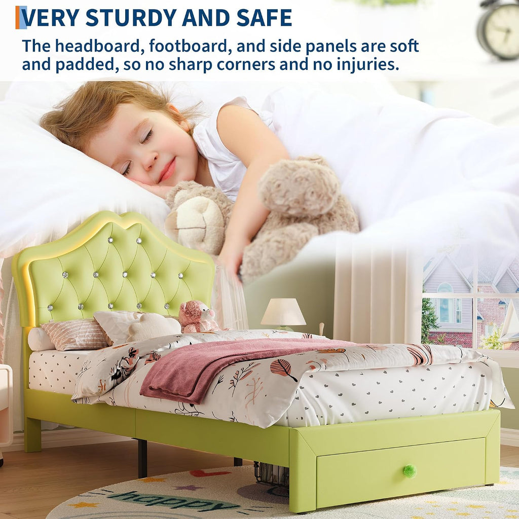 Garvee Twin Size Bed Frame with LED Lights & Velvet Crystal Button Headboard, Upholstered Boy Platform Bed with Storage Drawer, Noise Free, No Box Spring Needed for Kids, Teens, OrangeAvocado Green