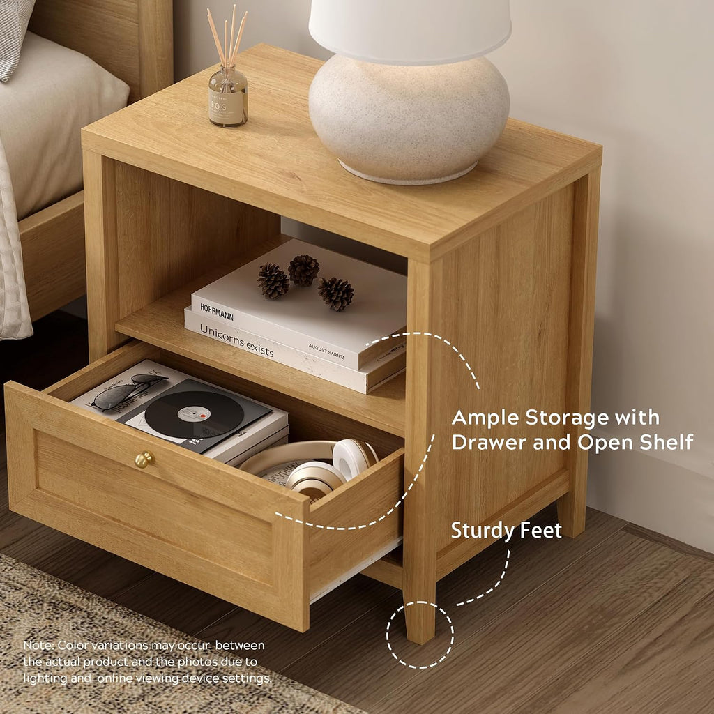 EYYTHUNG Wooden Nightstands Set of 2 with Drawer Modern 24' Wide End Table Night Stand Large Farmhouse Bedside Table with Open Shelf Mid Century Night Stands for Sofa, Natural Oak