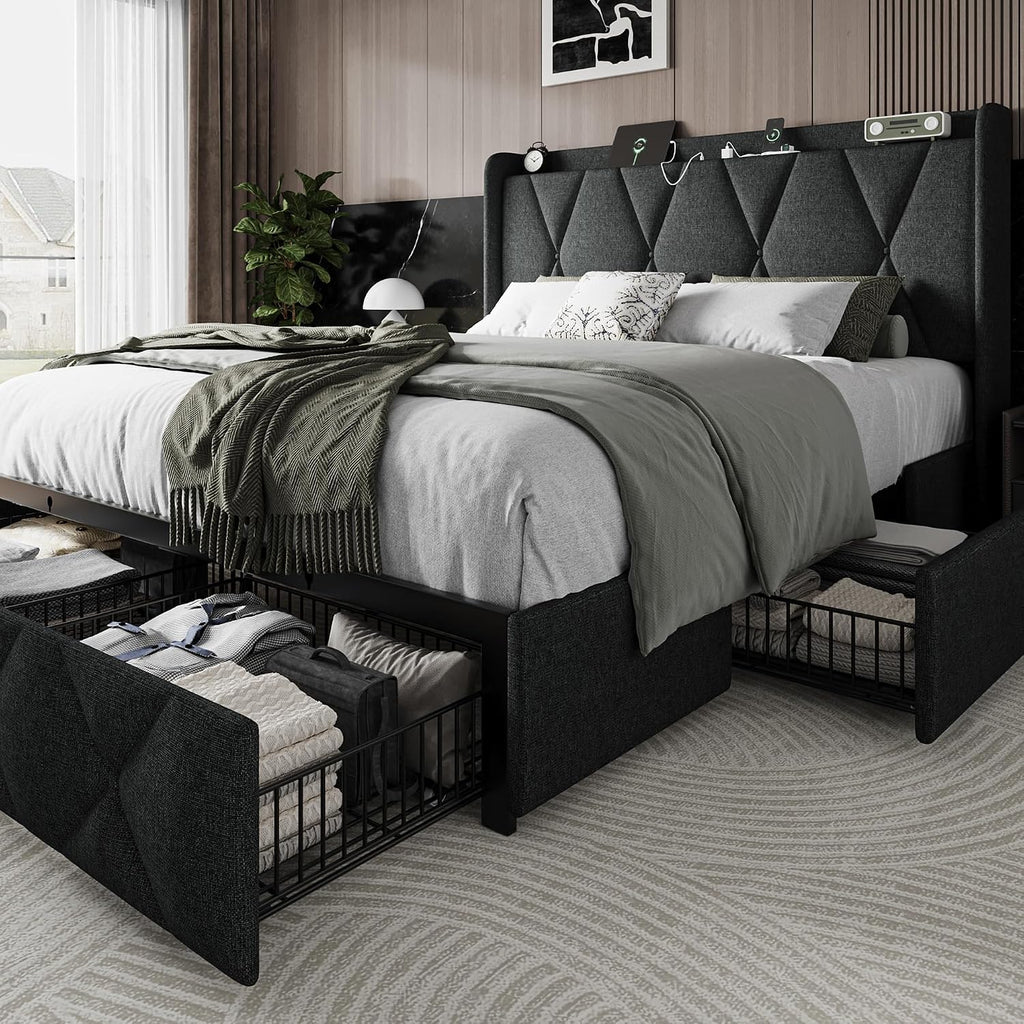 Einhomn Full Size Bed Frame with 4 Storage Drawers and Charging Station, Upholstered Platform Bed Frame with Storage Headboard, No Box Spring Needed, Easy Assembly, Dark Grey