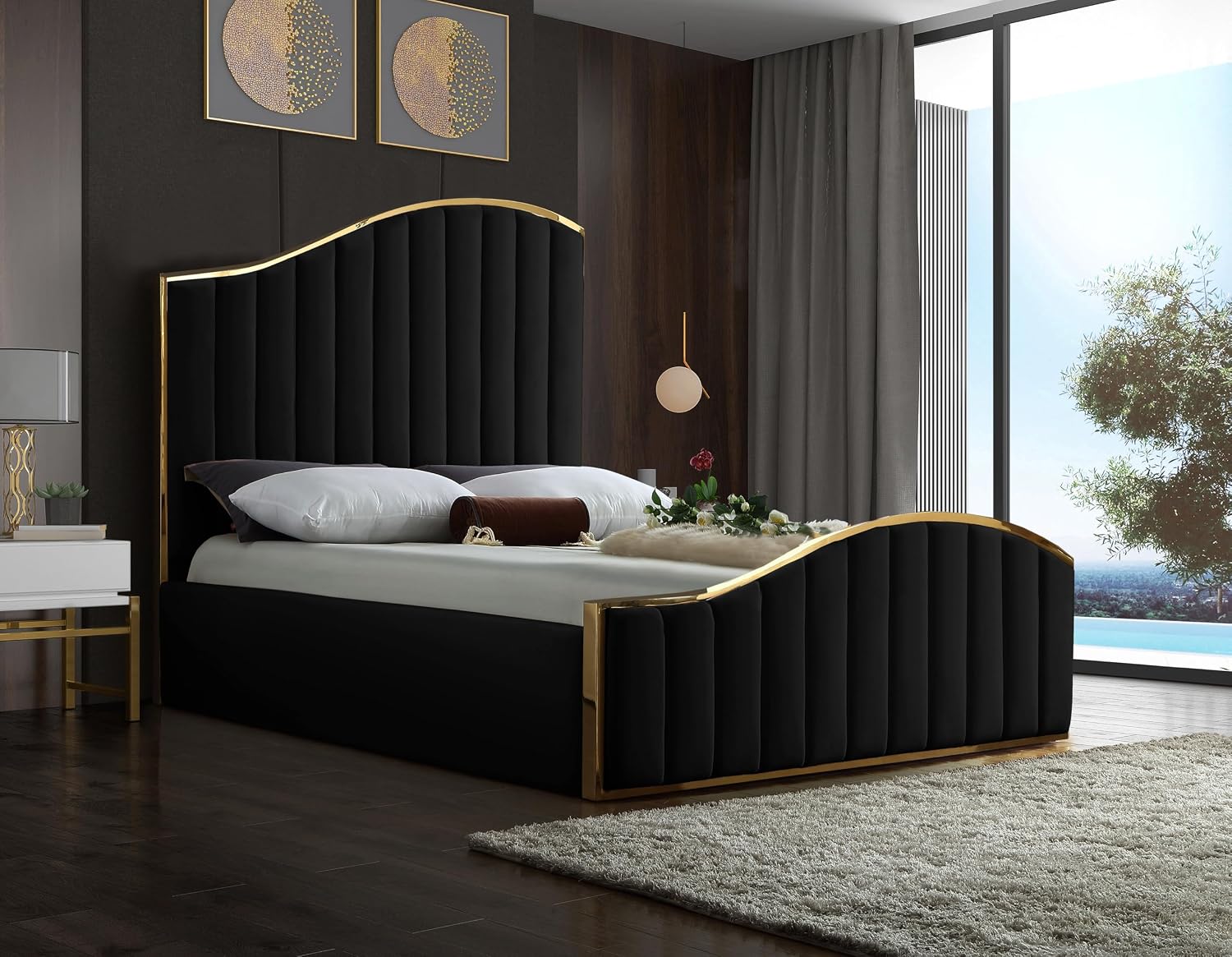 Meridian Furniture Jolie Collection Modern | Contemporary Velvet Upholstered Bed With Channel Tufting, And Polished Gold Metal Frame, Black, Queen