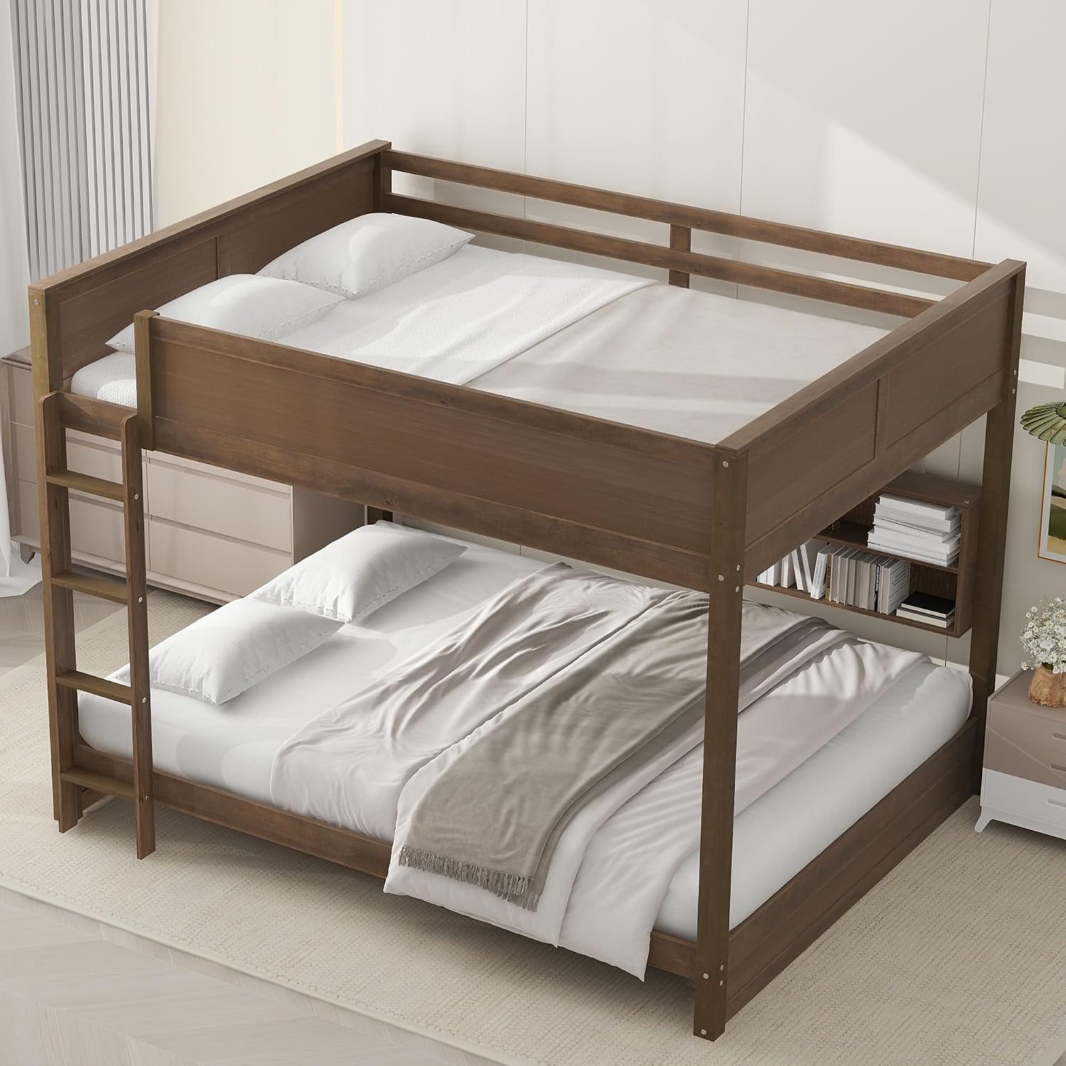 Queen Over Queen Bunk Bed with Built-in Shelves and USB Ports, Solid Wood Bunk Bed Frame with Safety Guardrail, for Kids Boys Girls Bedroom, No Box Spring Needed (Antique Wood Color)